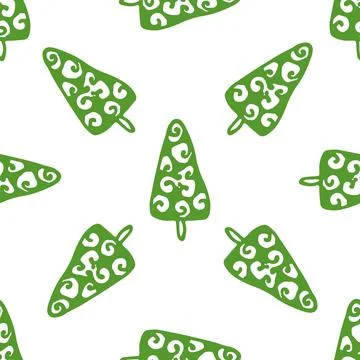 Green Christmas tree pattern with curl texture. Seamless pattern of hand-drawn Stock Illustration