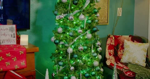 Green Christmas Tree Rack Focus Slider Shot Stock Footage 296190756