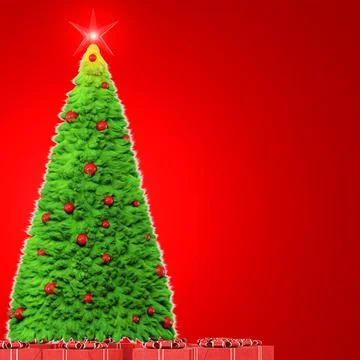 A green, Christmas tree wool made of fur is illuminated by a backlight on a red Stock Illustration