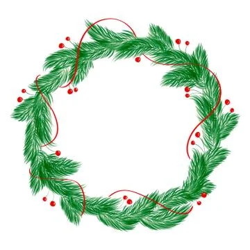 Green christmas vector wreath with decorations isolated on white background Stock Illustration