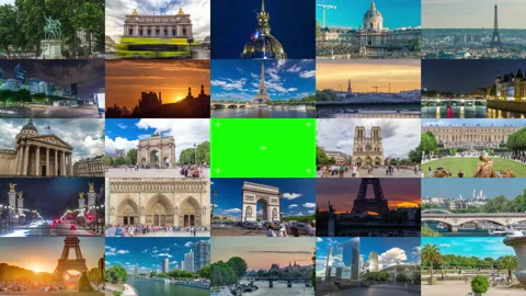 Green Chroma Key Screen Collage of Paris timelapse hyperlapse, France Stock Footage 231217710