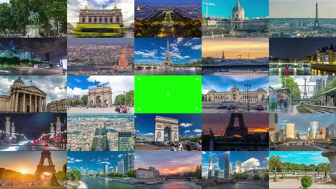 Green Chroma Key Screen Collage of Paris timelapse hyperlapse, France Stock Footage 231988125