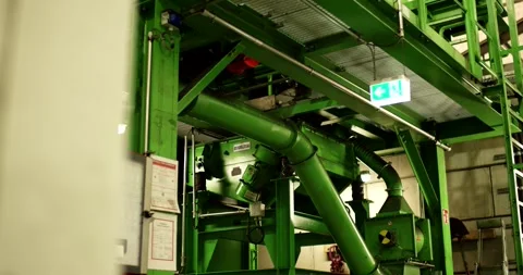 Green Chute And Pipes Under Machinery, Recycling Plant, Low Angle Vídeo Stock 340666972