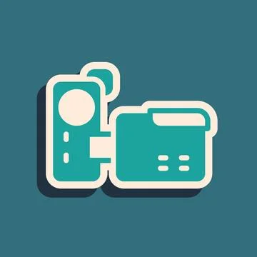 Green Cinema camera icon isolated on green background. Video camera. Movie .. Illustrazione stock