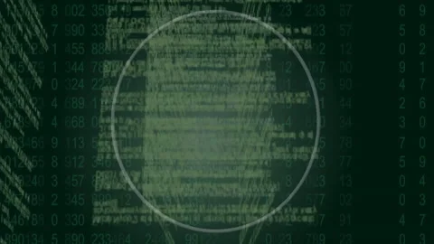 Green circle animation over scrolling digital code background in motion Video stock 304406535