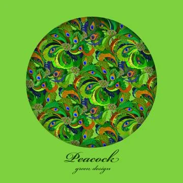 Green circle peacock feathers pattern background. Text place. Stock Illustration