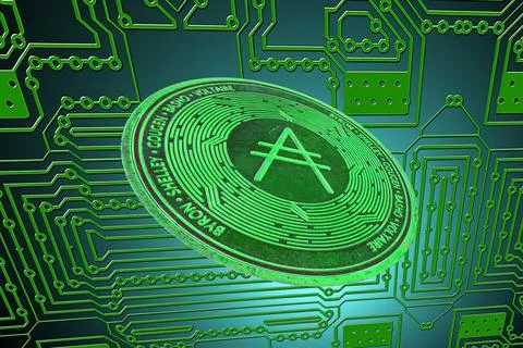 Green circuit board and a valueable green ada coin from cardano crypto curren Stock Illustration