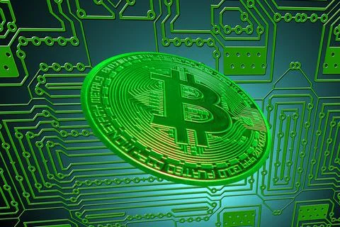 Green circuit board and a valueable green bitcoin from crypto currency obliqu Stock Illustration