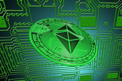 Green circuit board and a valueable green ether coin from ethereum crypto cur Stock Illustration