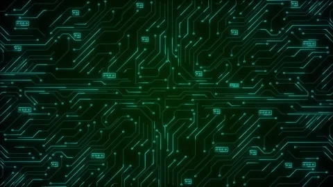 Green circuit board background glowing teal traces, node points, electronic Stock Footage 334105249