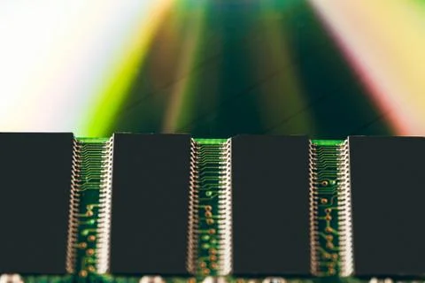 Green circuit board of a computer close up Foto stock