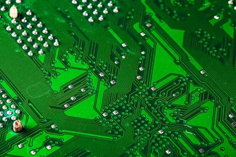 Green circuit board of a computer close up Foto stock