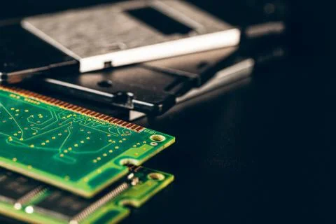 Green circuit board of a computer close up Foto stock