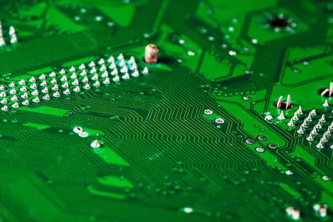 Green circuit board of a computer close up 스톡 사진
