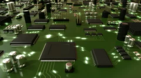 Green Circuit Board with Electrons. HD Loop. Stock Footage 10817549