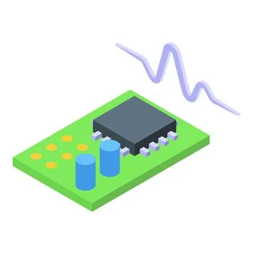 Green circuit board with microchip, capacitors, and radio waves, representing Stock Illustration
