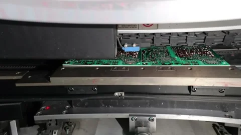 Green circuit board on rail inside assembly machine Stock Footage 348694260