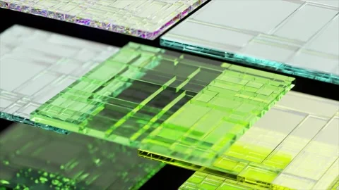 Green circuit board is rotating on multiple glass layers, creating an abstract Video stock 311505678