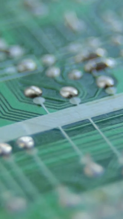 Green circuit board with silver solder points and traces Stock Footage 334168933