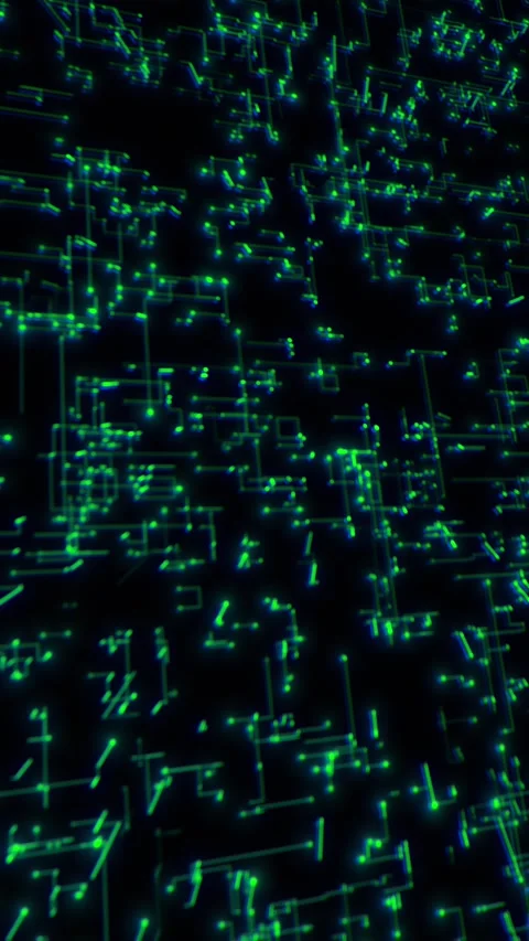 Green circuit board technology glowing blue traces, neon nodes, and dark electro Stock Footage 340571684