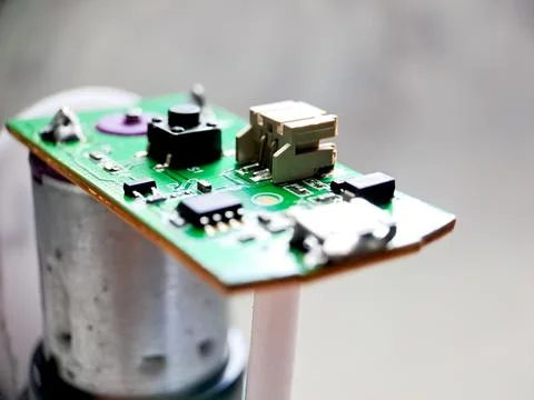 Green circuit board with various electronic components, including a button,.. Stock Photos