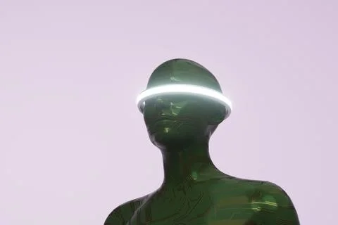 Green circuit humanoid with glowing circular visor Stock Illustration