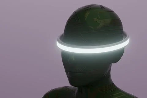 Green circuit humanoid with glowing circular visor Stock Illustration