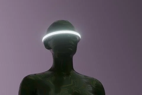 Green circuit humanoid with glowing circular visor Stock Illustration
