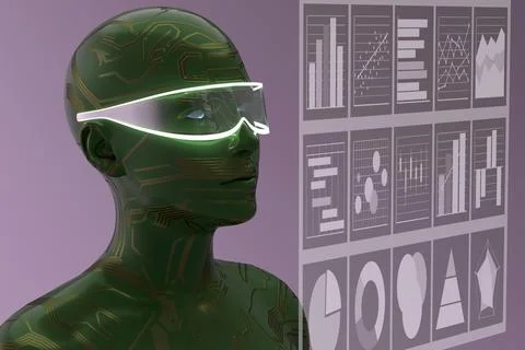 Green circuit humanoid with visor and data screens Stock Illustration