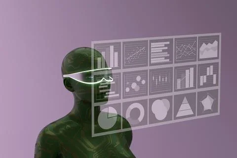 Green circuit humanoid with visor and data screens Stock Illustration