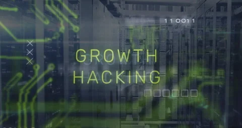 Green circuit lines emerging on server racks driving 'GROWTH HACKING' pulsing Stock Footage 312898422