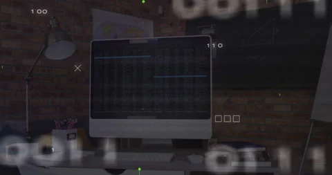 Green circuit lines flickering over white all-in-one monitor pulsing forming Stock Footage 311506724