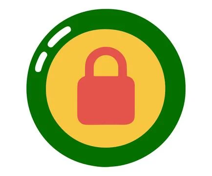 Green circular button with a yellow center and a red padlock icon. Stock Illustration
