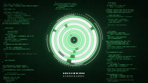 Green circular HUD dial with rotating rings and tick marks over programming Stock-Footage 344669945