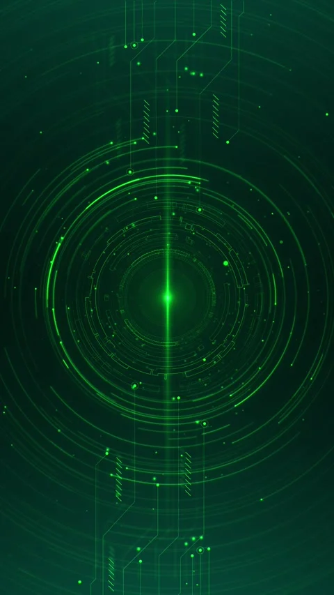 Green circular HUD interface glowing radar rings, circuit lines, scanner particl Stock Footage 340576196