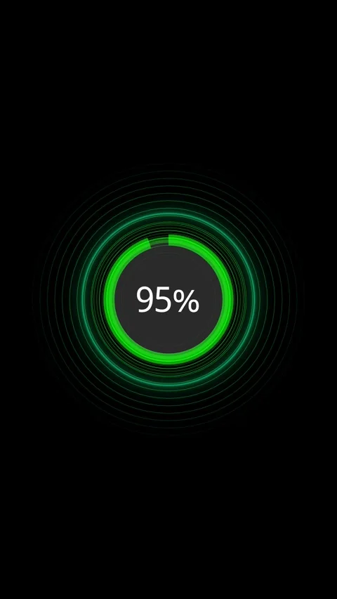 Green circular loading progress indicator glowing rings, percentage counter, and Stockbeeldmateriaal 340548092