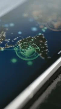 Green circular radar interface overlays an illuminated global map Stock Photos