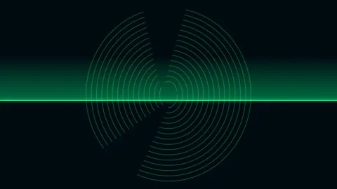 Green circular radar lines emerging from a horizontal glowing light beam Video stock 335118056