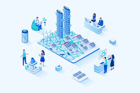 Green city 3d isometric web design. People use alternative energy sources and Stock Illustration