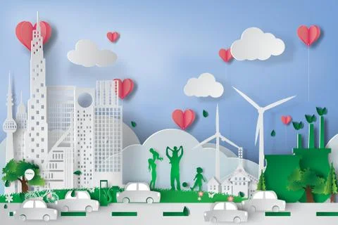 Green city  with eco concept elements. Vector,heart,pink,illustration Ilustração Stock