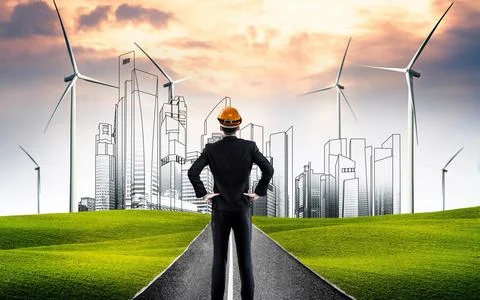 Green city environmental friendly development - Businessman leader with vis.. Stock Illustration