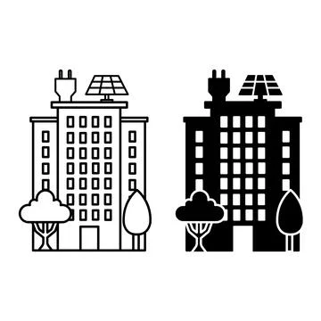 Green City Icons. Black and White Vector Icons. Multi-Storey House with Sol.. Stock Illustration