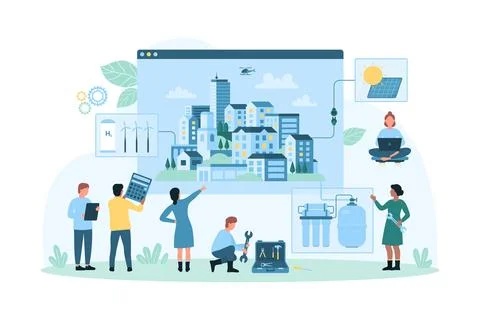 Green city infrastructure planning, tiny people plan eco sustainable electricity Stock Illustration