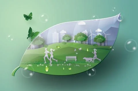 Green city in the leaf. Stock Illustration
