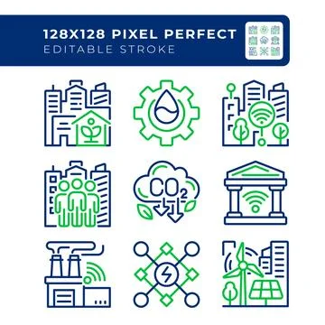 Green city pixel perfect two color line icons set Illustrazione stock