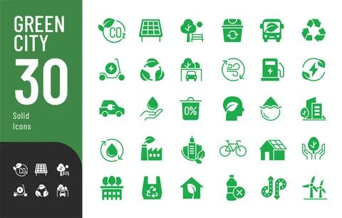 Green City Solid Editable Icons set. Ilustración de archivo
