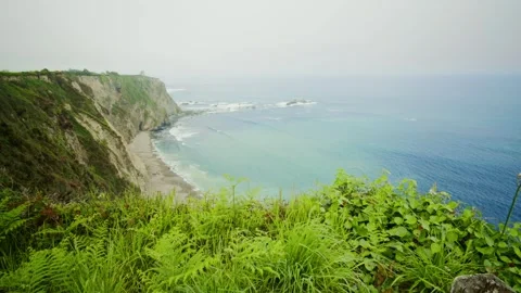 Green cliffs overlooking a majestic oceanic shoreline Stock Footage 336104763