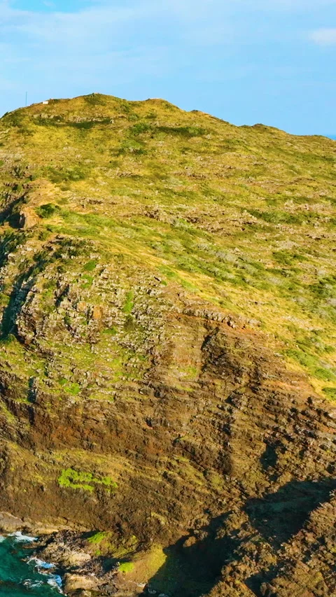 Green cliffside descending to ocean waves. Vertical video. Video stock 321348672