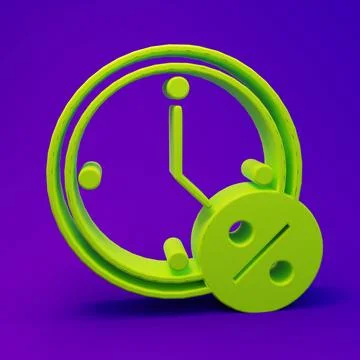 Green Clock and percent discount icon isolated on purple-blue background. M.. Illustrazione stock