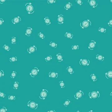 Green Clock with arrow icon isolated seamless pattern on green background. Time Stock Illustration